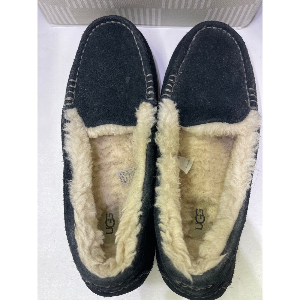 UGG Ascot Suede Moccasin Slippers Black Wool Lined Loafers 1106878 Mens 12